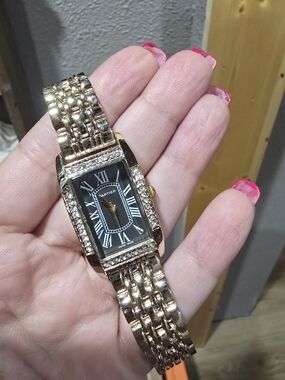 Gold-Tone Women's Rectangle Bracelet Watch with Black Dial